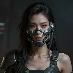 beautiful woman with a mech mask rendered in unreal engine, cyberpunk, dark scifi, painted by cameron gray, david burliuk bernard buffet | carne griffiths | wlop
