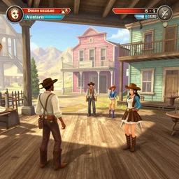 screenshot of gameplay dating simulator game set in 1 8 8 0, interior of old west saloon, featuring african american and japanese cowboys and cowgirls in ghost town with buildings painted bright pastel colors, morning light with mountains in the background