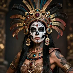 photorealistic head and shoulders photo of beautiful female ornate fantasy indian tribal aztec warrior goddess, confident, minimal black skull warpaint, tattoos, Neil Blevins, James Paick, Natasha Tan Maciej Kuciara, Frank frazetta, arney freytag, Ritu Kumar, Sabyasachi Mukherjee, Annie Leibowitz, Magic the gathering,octane, bokeh, 8k, fashion pose, cinematic, National Geographic photo shoot, 28mm