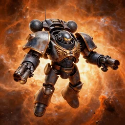 a dreadnaught from warhammer 4 0 k, floating through orange nebula, giant guns