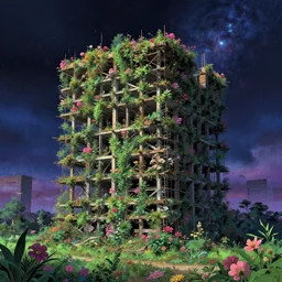 unfinished building by ilya kuvshinov, at night myst flowers nature reclaimed by nature studio ghibli vaporwave san andreas galactic, archdaily, wallpaper, highly detailed, trending on artstation.