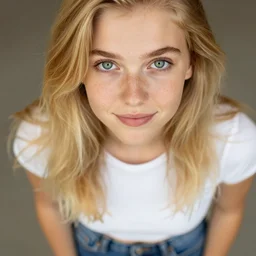 Portrait Photography closeup of a Blonde Girl, Young Beautiful Face, Green Eyes, Freckles, Wearing a white crop-top and jeans, with a subtle smile, Epic, Charming, Character, trending on 500px