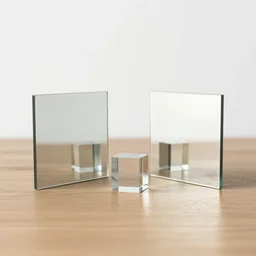 a small glass cube standing between two square mirrors standing parallel to each other refracting each other recursively on a wooden table in a white empty room, macro photo, octane render 8 k