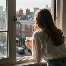 “ back view of a girl holding a cup of coffee leaning out of a window overlooking the east village in new york city, morning light, by daniel gerhartz ”