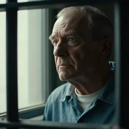 a cinematic, close up portrait, of an old man, looking in the window, sad, dramatic, soft light, dreamy, facial features, stood in a cell, with prison clothing, detailed, deep focus, movie still, dramatic lighting, ray tracing, by hendrik kerstens and paolo roversi