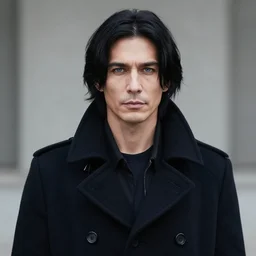 man with medium length black hair and blue eyes, wearing a black peacoat,