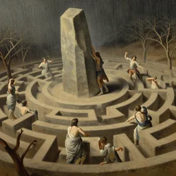 colonial maze of dry trees with polovstian dances wearing drapery around a large monolith, raining meteor shower, stoic, light dust, magnificent, hyperdetailed, theatrical, dutch angle, close up, masterpiece, painted by jean honore fragonard and greg rutkowski and rob alexander