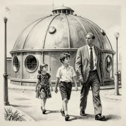 well - dressed family walking past a sci - fi containment building in a street setting, by martin lewis, shadow dance, point etching, 1 9 3 0