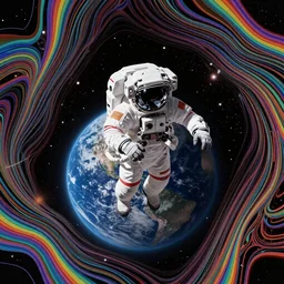 space astronaut floating of away from the earth, complex wavy rainbow lines, particals and distortion, in the style of Ori Toor