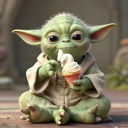 fat yoda eating a tub of ice cream while meditating