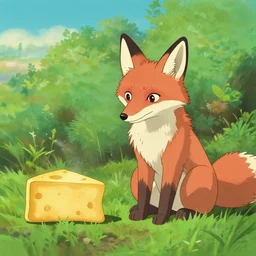 a fox sat next to cheese, by studio ghibli