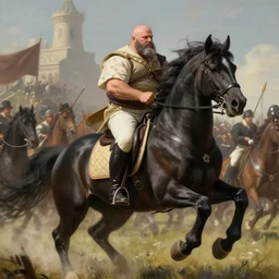chonky ethan van sciver with a bald head and short grey beard riding a black stallion horse into battle, beautiful artwork by artgerm and rutkowski, breathtaking, beautifully lit, detailed, dramatic