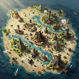 an intricate matte painting of top down illustration of a pirate island navy battle map,very clear image, no blur, by Christophe Vacher and Bastien Lecouffe-Deharme, artstation