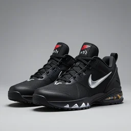 product still of Black Panther signature Nikes, black with silver panther teeth accents, 85mm f1.8