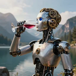 an artificial intelligence robot with gears in its head drinking wine by spectacular lake with mountains in the background, dynamic lighting, volumetric lighting, steam punk, octane render