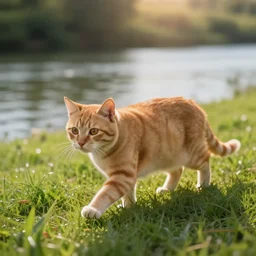 a singular cat walking on the grass near a river, cute, godrays, complementary colors, calm, relaxing, beautiful landscape, highly detailed, high quality, 4k HDR, natural lighting, close view, path tracing, orange palette, anatomically correct, hyperrealistic, low contrast