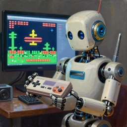 an elaborate robot holding a retro game controller in its hand, on screen 8 - bit video game shown in background, intricate details, hyperrealistic oil painting on canvas, depth field, hd, hdr, 4 k, 8 k,