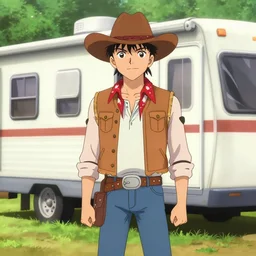 anime ethank klein from h 3 h 3 dressed as an american redneck, standing in front of a mobile home in northern georgia, usa