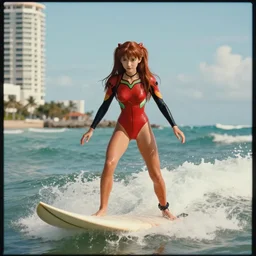 iphone HDR photo of beautiful Asuka Langley from evangelion as a surfer in Florida, 35mm, cinematic, trending on Instagram