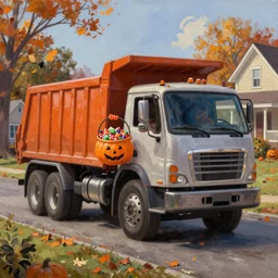 classic oil painting, a dump truck trick or treating with a basket of candy, as a dnd character, on a fall suburban street on halloween, cottagecore, no jack o lanterns, highly detailed, digital illustration, concept art, smooth, sharp focus, art by greg hildebrandt, and tim hildebrandt
