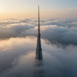 above the clouds, resonance of fate tower art, skinny towers, looking down from an infinite spire poking out of the thick clouds below, stratosphere, spire connected with rope bridge!!, babel, vertigo, huge distance, by craig mullins, by ruan jia! golden hour, ( ( dr sues ) ), cold, dramatic lighting