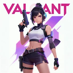 poster art girl with futuristic streetwear, cute face, pretty, Anime, posing with a gun in the style of Valorant by Cushart Krentz, Fierce expression 4k, 8k, HDR, Trending on artstation, Behance, Pinterest