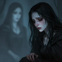 a depressed pyromancer looking at the ghost of her beloved necromancer wife, sad, gloomy, crying, heartbreaking, black hair, pale skin, high fantasy, extremely detailed, sharp focus, smooth, digital illustration, by artgerm, rossdraws, franzzeta