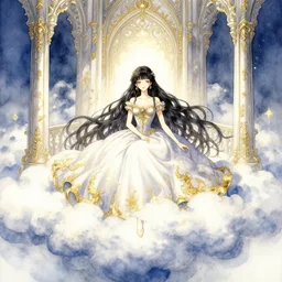 dreaming girl in the cloud palace. watercolor and gold leaf by award - winning mangaka, gothic horror, romanticism, intricate details, depth of field