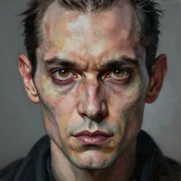 high quality high detail painting by gottfried helnwein and juan francisco casas, hd, portrait of a dangerous psychopath, intense demonic look in the eyes, photorealistic lighting