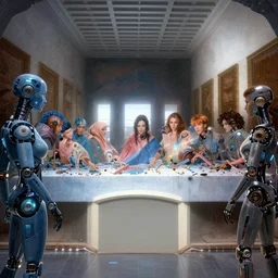 !13 diverse cyborgs on !one_side of a reflective !cybernetic table, !!posing_as_last_supper, inticrate detailed glowing implants, !!highly detailed, beautiful lighting
