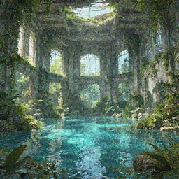 In the midst of a densely overgrown ruin, a large space with sunlight filtering through the broken windows, a high ceiling, a vast floor, flooded with crystal clear water, gorgeous, trending on Artstation, digital art