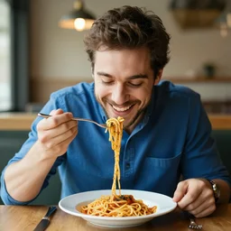 a happy man wearing a blue shirt eating spaghetti