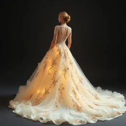 a long wedding dress with a train made of flower petals made of light - colored fabric. transparent in places. in places, patterns of precious stones. intricate patterns of gold thin threads. fantasy. clear details