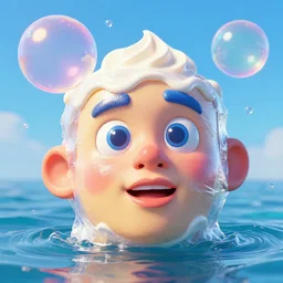 a funny sculpture of a squashed human head wrapped in cling film with ice cream spread on it on ocean water, funny face, giant buble, 3 d objects, colorful, vibrant, in the style of mike campau, cg render, ray tracing, 8 k resolution, sharp