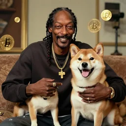 film still of Snoop Dogg so happy to see his pet Shiba Inu with Bitcoins surrounding them, 4k, cinestill 800t, 50mm, hd