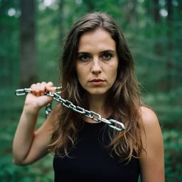 a closeup portrait of a woman carrying chains, in a forest, by Charlotte Grimm, CANON Eos C300, ƒ1.8, 35mm, 8K, medium-format print