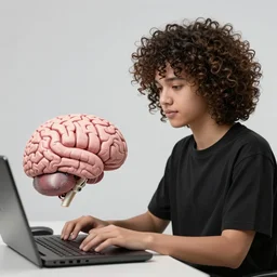 cyberpunk curly - haired persian programmer next to an artificial brain on a stand, artstation, winner of behance contest, makoto shinkai, kim jung gi, moebius
