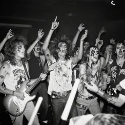 zombies at a punk rock concert, grainy vintage photo from 1985, black and white