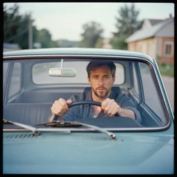 lomography photo of ryan gosling as driver of lada 2 1 0 7 in small soviet town, cinestill, bokeh