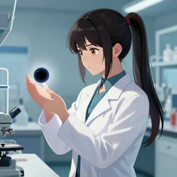 an anime concept art of a beautiful young female scientist in a laboratory looking at a small black hole in her hands, style by zhong yang, ponytail, elegant, sharp focus, morandi color scheme, illustration, high quality, highly detailed, digital art, hyperrealism