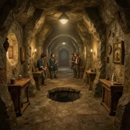 one point perspective dungeon cozy fantasy dungeon hallway view with pit in the middle of the ground by artgerm and Craig Mullins, James Jean, Andrey Ryabovichev, Mark Simonetti and Peter Morbacher 16k