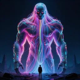 Portrait of a behemoth, neon, they are watching, RGB, glowing wires everywhere, pristine, by Edgar Maxence and Ross Tran, Zdzisław Beksiński, and Michael Whelan, distant, gustav dore, H.R. Giger, 8k, octane render