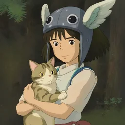 Smiling sorceress holding a tabby cat, wearing a winged helmet. Skinny asian woman with short-cut shoulder length hair, wearing a winged helmet.  Beautiful still from Spirited Away by Studio Ghibli
