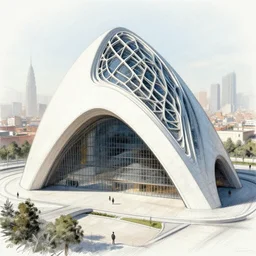 zaha hadid fantasy city with arch and dome with davnci sketch techinuqe