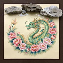 An artistic painting with some water and rocks in the background, including a dragon surrounded by flowers