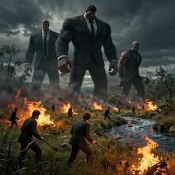a dark poster artwork by Alex Horley of giants men in suits setting fire to the wild nature near a river, sharp focus, octane render 8k , zoom out