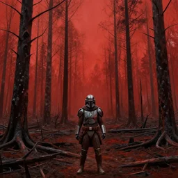 a barren lifeless forest with burned trees concept art by Doug Chiang cinematic, realistic painting, high definition, very detailed, extremely high detail, photo realistic, concept art, red color palette, the Mandalorian concept art style