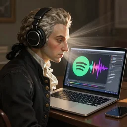 Mozart listening on his laptop to sick beats on spotify, artstation, digital painting, 4k, light ray, particles