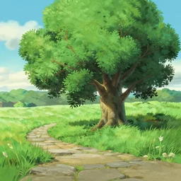 cute ash tree, stone walkpath landfield, painting animation matte painting by ghibli ( pixar ) studio miyazaki ghibli
