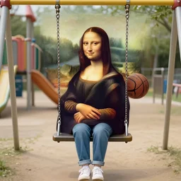 a young woman wearing an overall is sitting on a swing in the playground holding a basketball!, looks like mona lisa, sharp focus, hyper realistic, soft colors, centered, insanely detailed, wide shot, a painting by leonardo da vinci